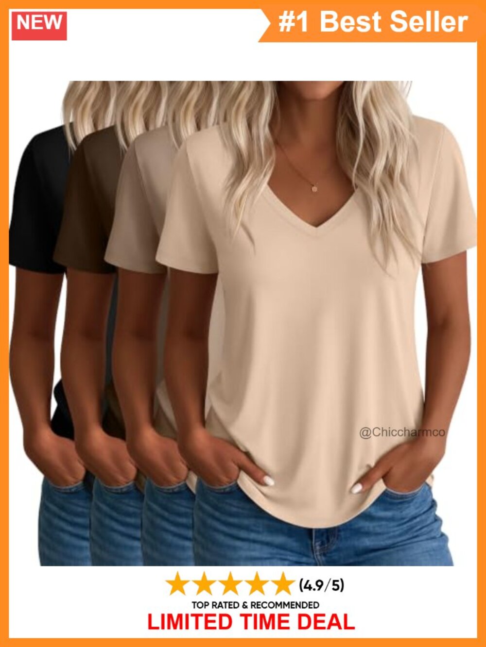 Women's V Neck Short Sleeve T-Shirts 4 Pack Loose Casual Summer Tees